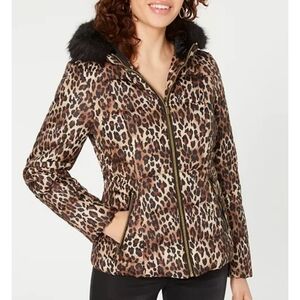 NEW Celebrity Pink Juniors Leopard-Print Puffer Coat with Faux Fur Trim Hood